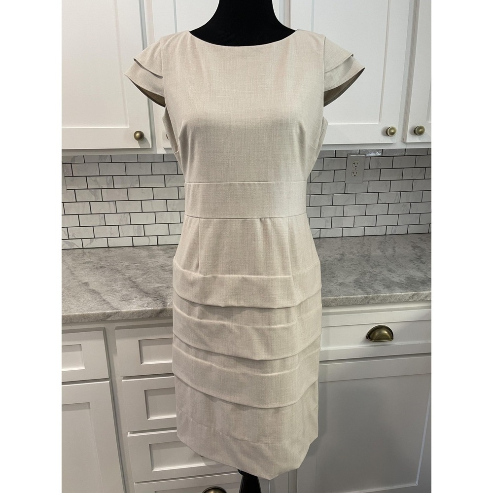 Tahari Dress Womens 8 Beige Arthur S. Levine   Sheath Layered Pleated Cap Sleeve